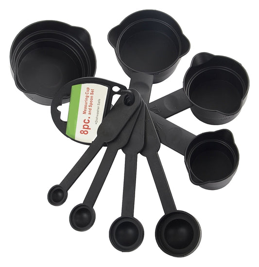 8 Pcs Plastic Measuring Cups and Spoons Set – Black, Stackable Kitchen Tools for Baking & Cooking