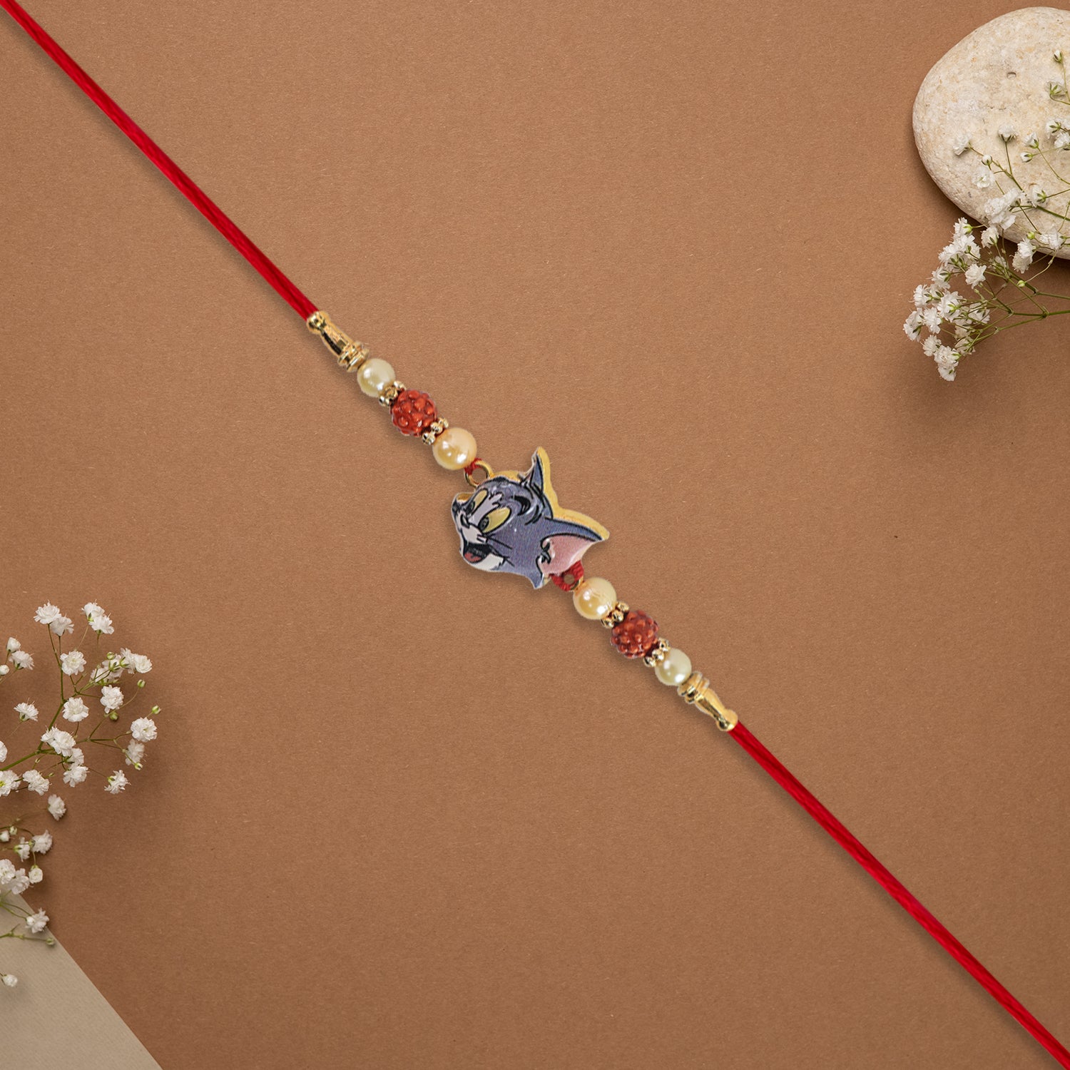 Cute Tom Character Rakhi With Rudraksha  Pearl Beads On Red Thread