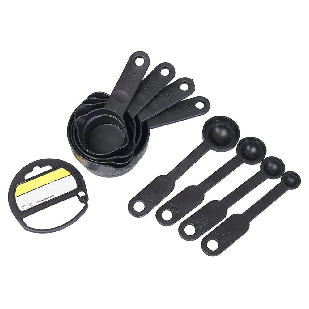 8 Pcs Plastic Measuring Cups and Spoons Set – Black, Stackable Kitchen Tools for Baking & Cooking