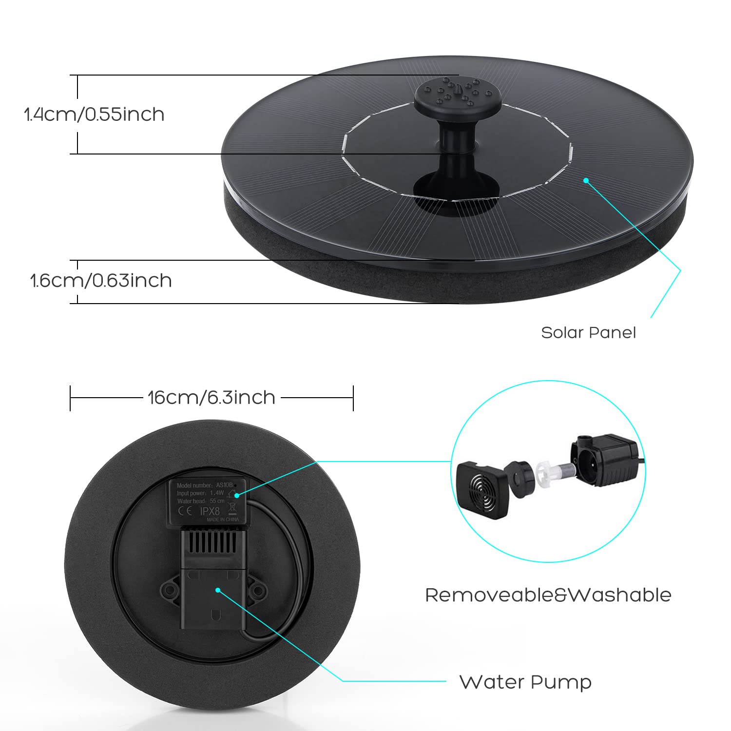 Fountain Solar Power Floating Water Pump for Pool Pond Garden and Patio Plants Round