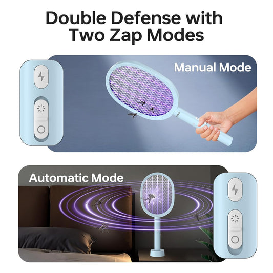 Mosquito Bat Rechargeable with UV Light Lamp, 2 in 1 Mosquito Killer Lamp, Mosquito Racket with Base Stand - 1200mAh Lithium-ion Battery Mosquito Swatter, Bug Zapper for Indoor and Outdoor