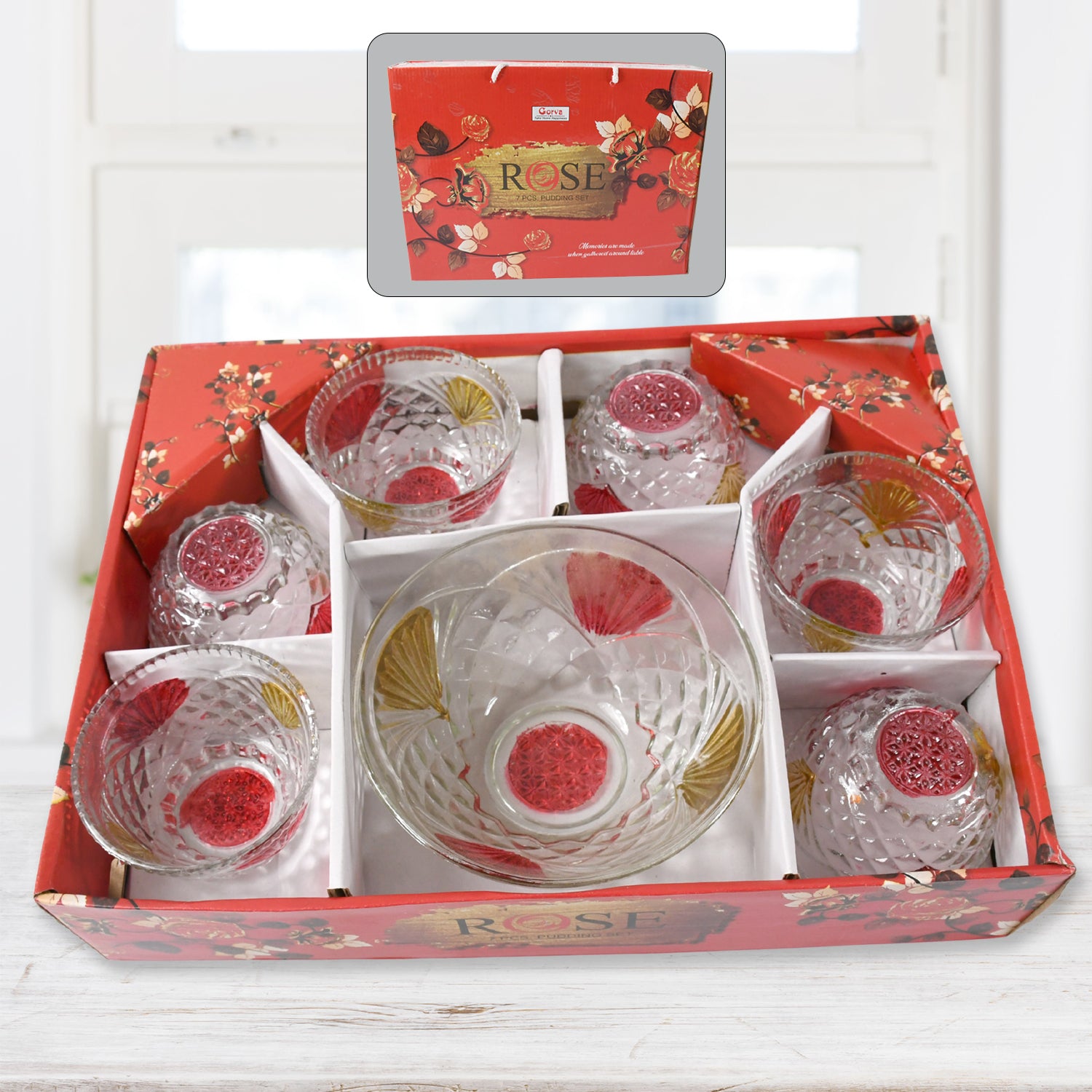 Best Rose Glass Multipurpose Pudding  Dessert  Ice Cream Bowl Set For Home Use Home  Kitchen Serving Bowl For Sundae Sweets Snacks Fruit Pudding Nuts Or Dip Serving Bowls 6 Medium  1 Big Bowl (Set Of 7 Pc)