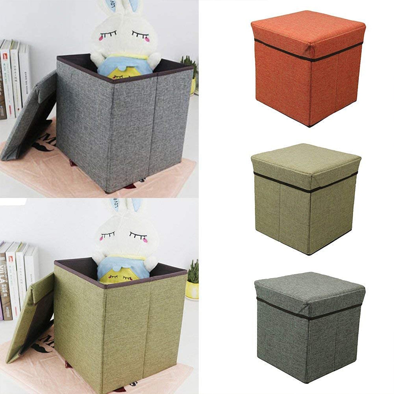 Living Room Cube Shape Sitting Stool With Storage Box. Foldable Storage Bins Multipurpose Clothes Books And Toys Organizer With Cushion Seat