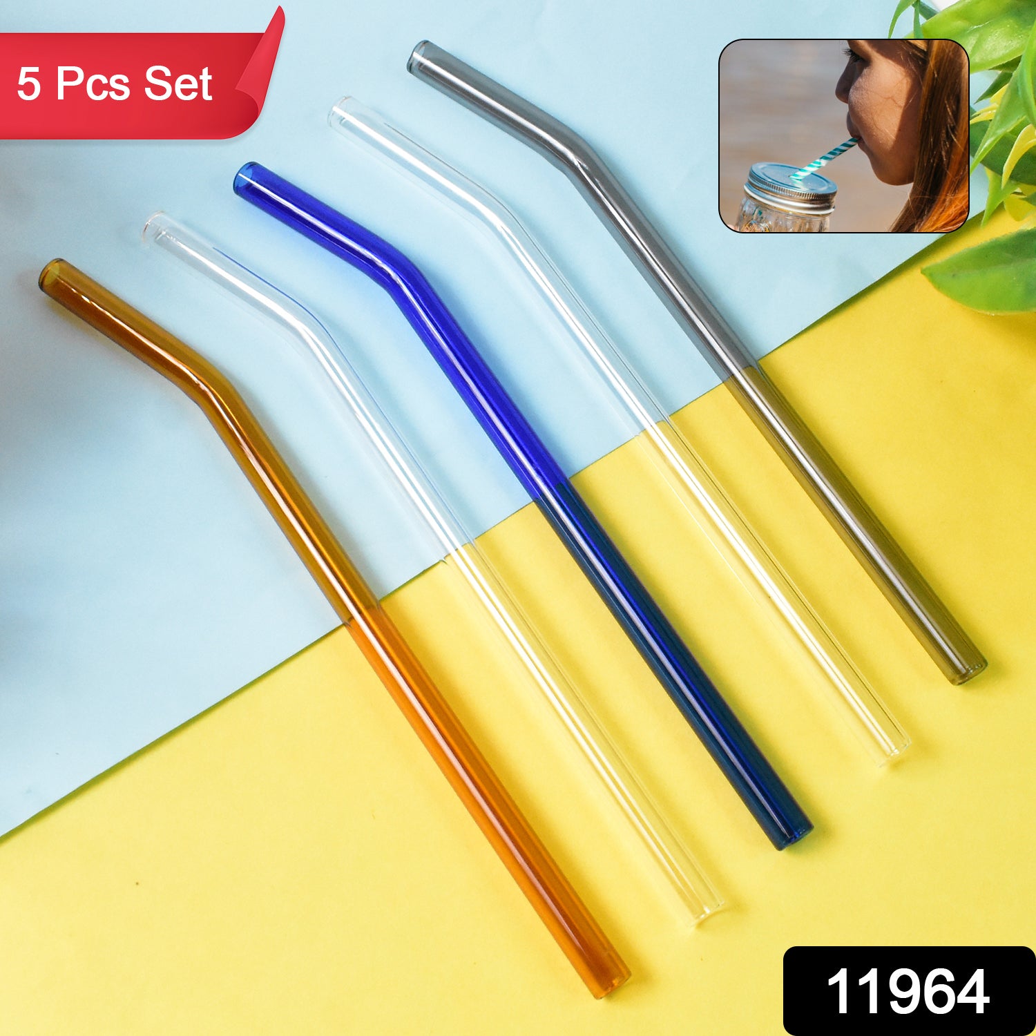 Reusable Clear Glass Drinking Straws Set – Eco-Friendly 5 Pcs Reusable Straw for Smoothies, Juices & Beverages