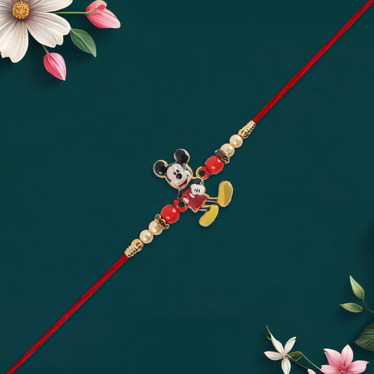 Adorable Mickey Mouse Kids Rakhi With Pearls  Golden Beads On Red Thread