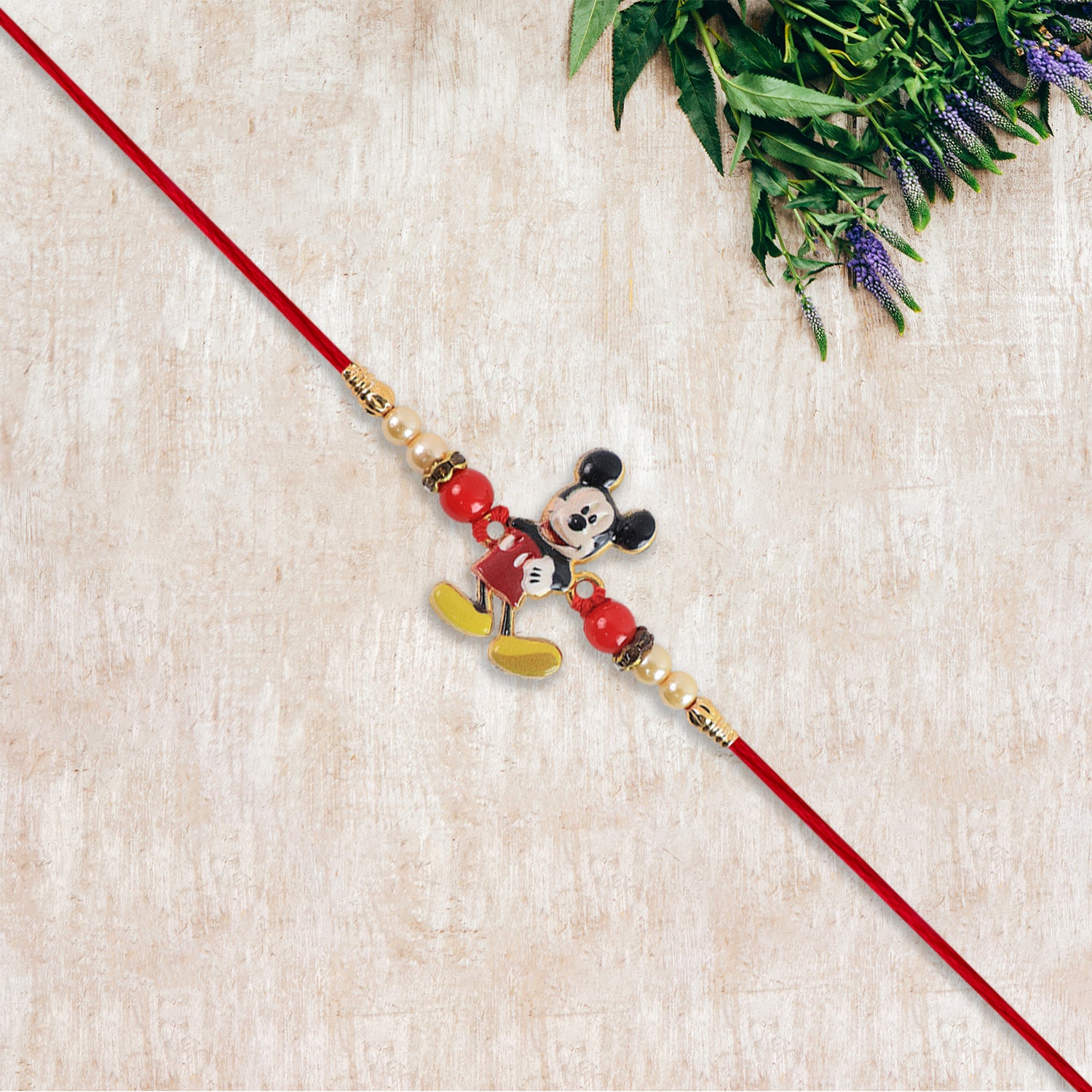 Adorable Mickey Mouse Kids Rakhi With Pearls  Golden Beads On Red Thread