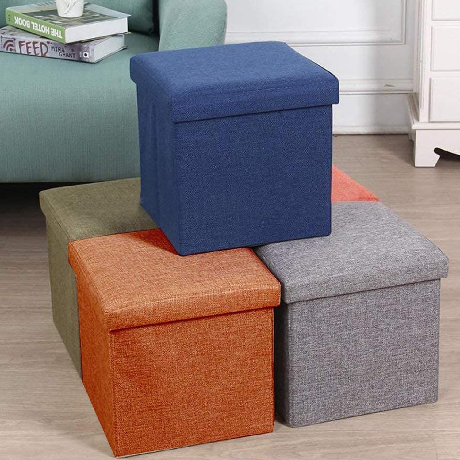 Living Room Cube Shape Sitting Stool With Storage Box. Foldable Storage Bins Multipurpose Clothes Books And Toys Organizer With Cushion Seat