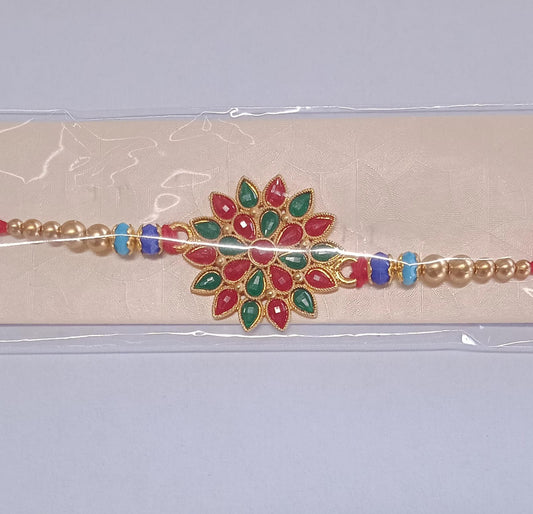 Elegant Floral Rakhi With Red-green Enamel Work And Metal Chain