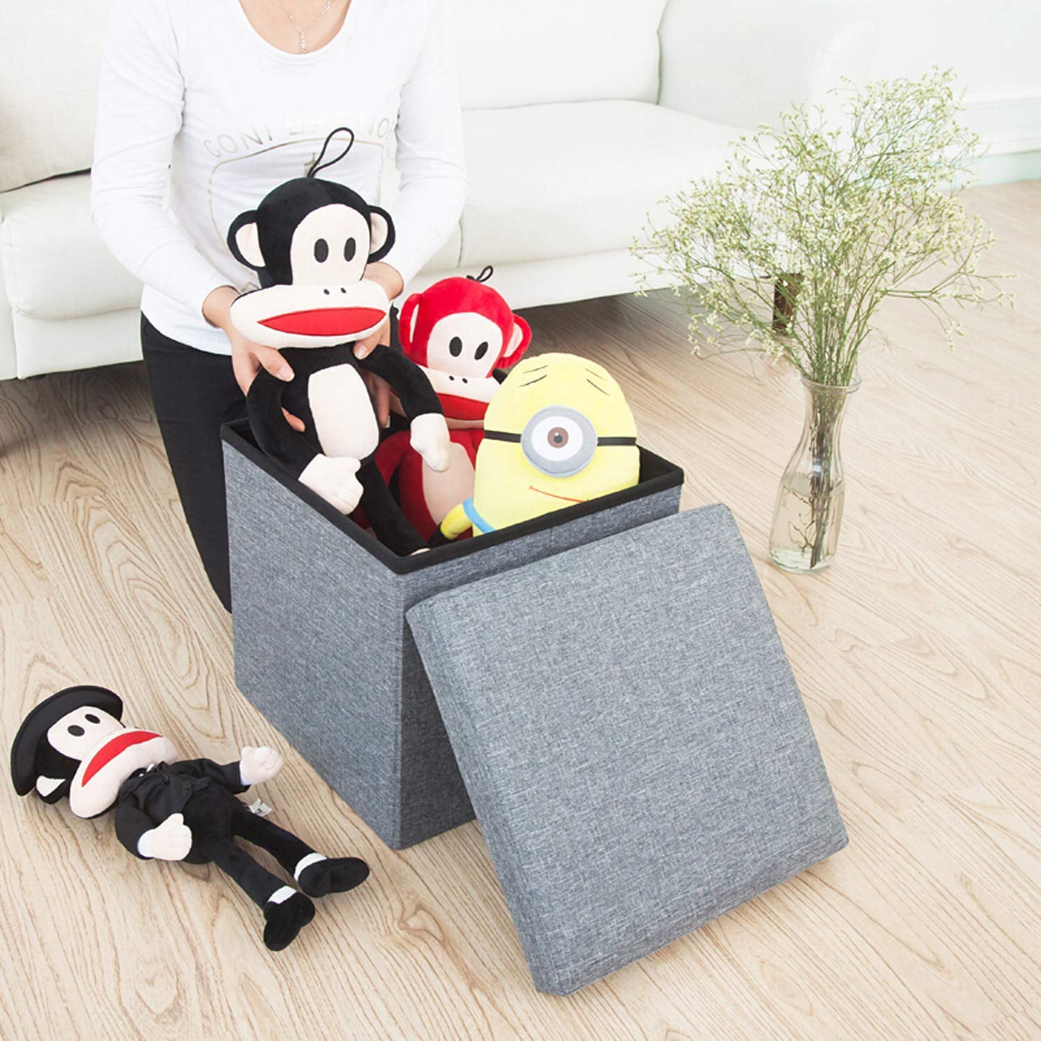 Living Room Cube Shape Sitting Stool With Storage Box. Foldable Storage Bins Multipurpose Clothes Books And Toys Organizer With Cushion Seat