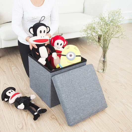 Living Room Cube Shape Sitting Stool With Storage Box. Foldable Storage Bins Multipurpose Clothes Books And Toys Organizer With Cushion Seat