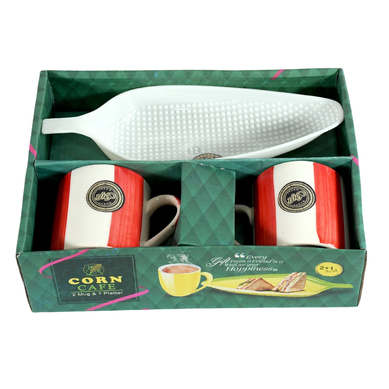 Corn Cafe Ceramic Tea  Cups Set Including Plastic Leaf Shape Serving Platter Milk Cup Coffee Cup Tea Cup Breakfast Cup  Mug Or Outdoor For Household Gift For Birthday (3 Pcs Set)