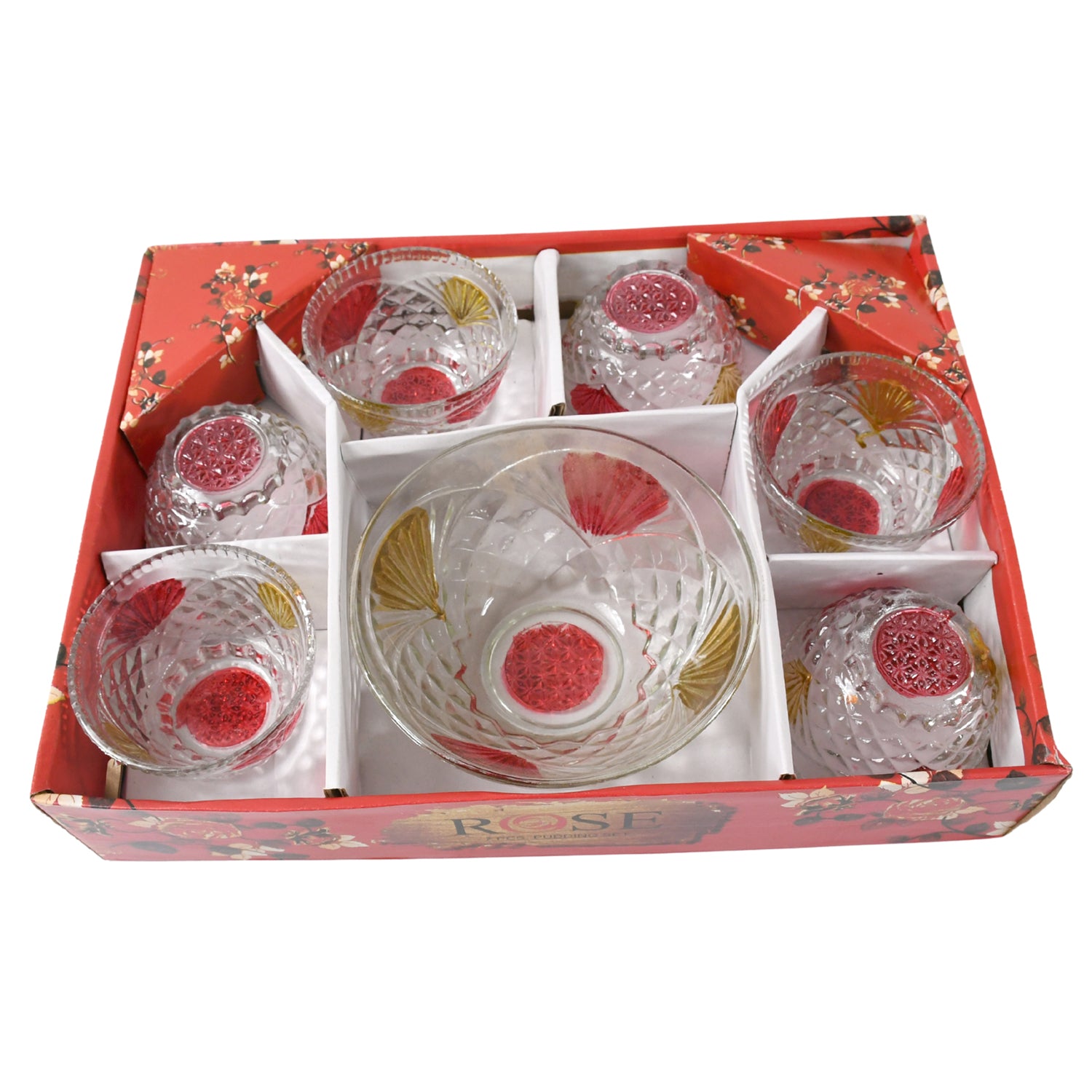 Best Rose Glass Multipurpose Pudding  Dessert  Ice Cream Bowl Set For Home Use Home  Kitchen Serving Bowl For Sundae Sweets Snacks Fruit Pudding Nuts Or Dip Serving Bowls 6 Medium  1 Big Bowl (Set Of 7 Pc)