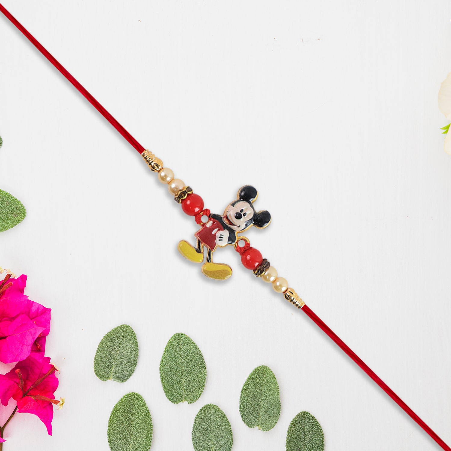 Adorable Mickey Mouse Kids Rakhi With Pearls  Golden Beads On Red Thread