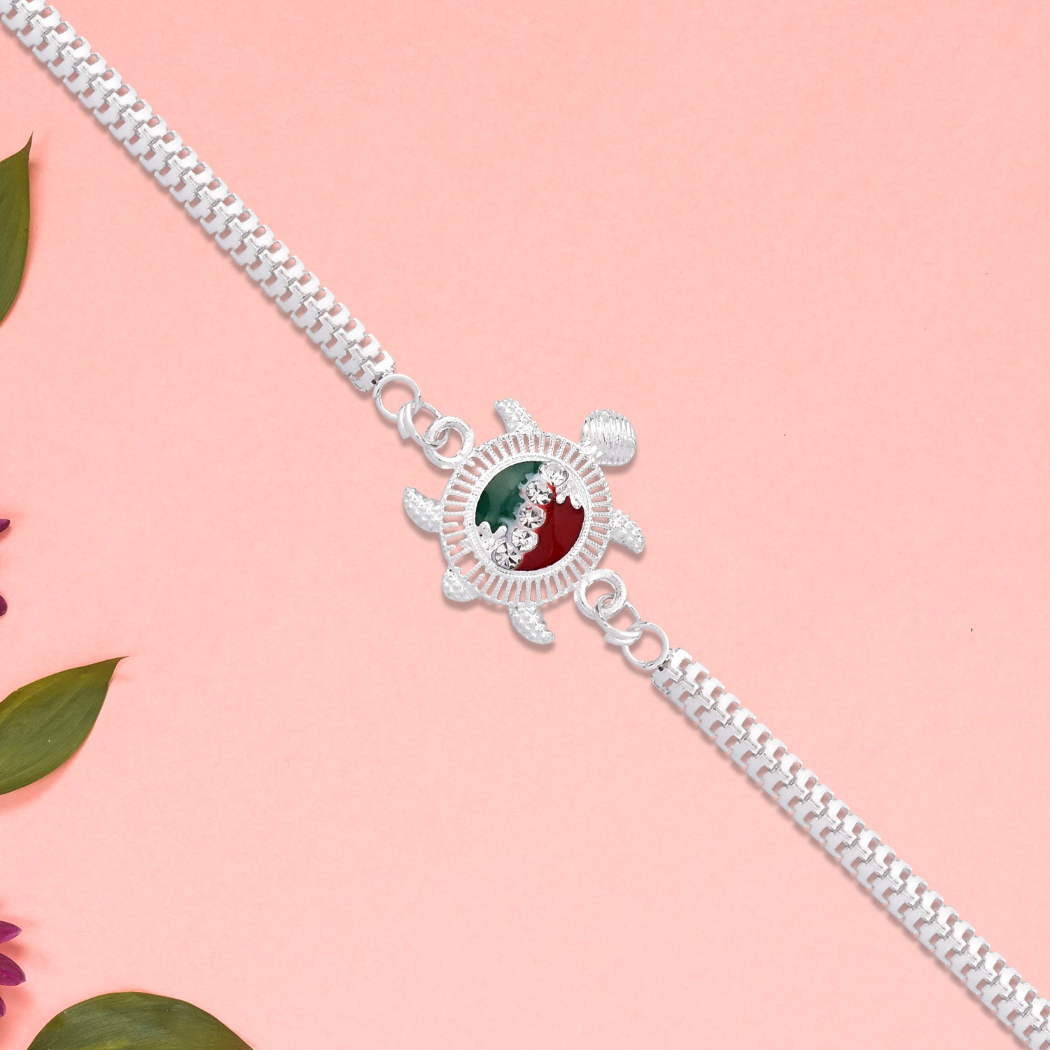 Silver Finish  Rakhi With Red-green Enamel