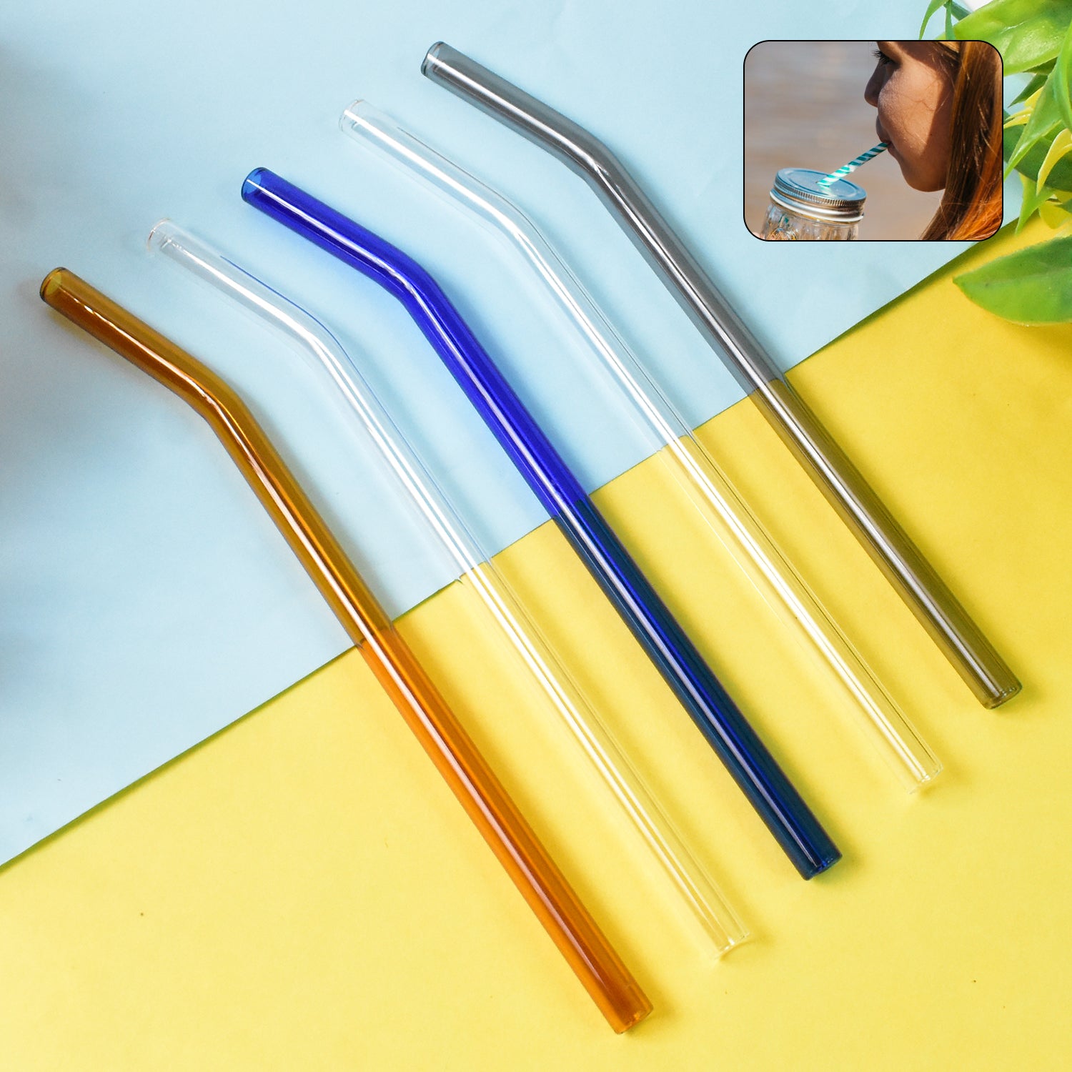 Reusable Clear Glass Drinking Straws Set – Eco-Friendly 5 Pcs Reusable Straw for Smoothies, Juices & Beverages
