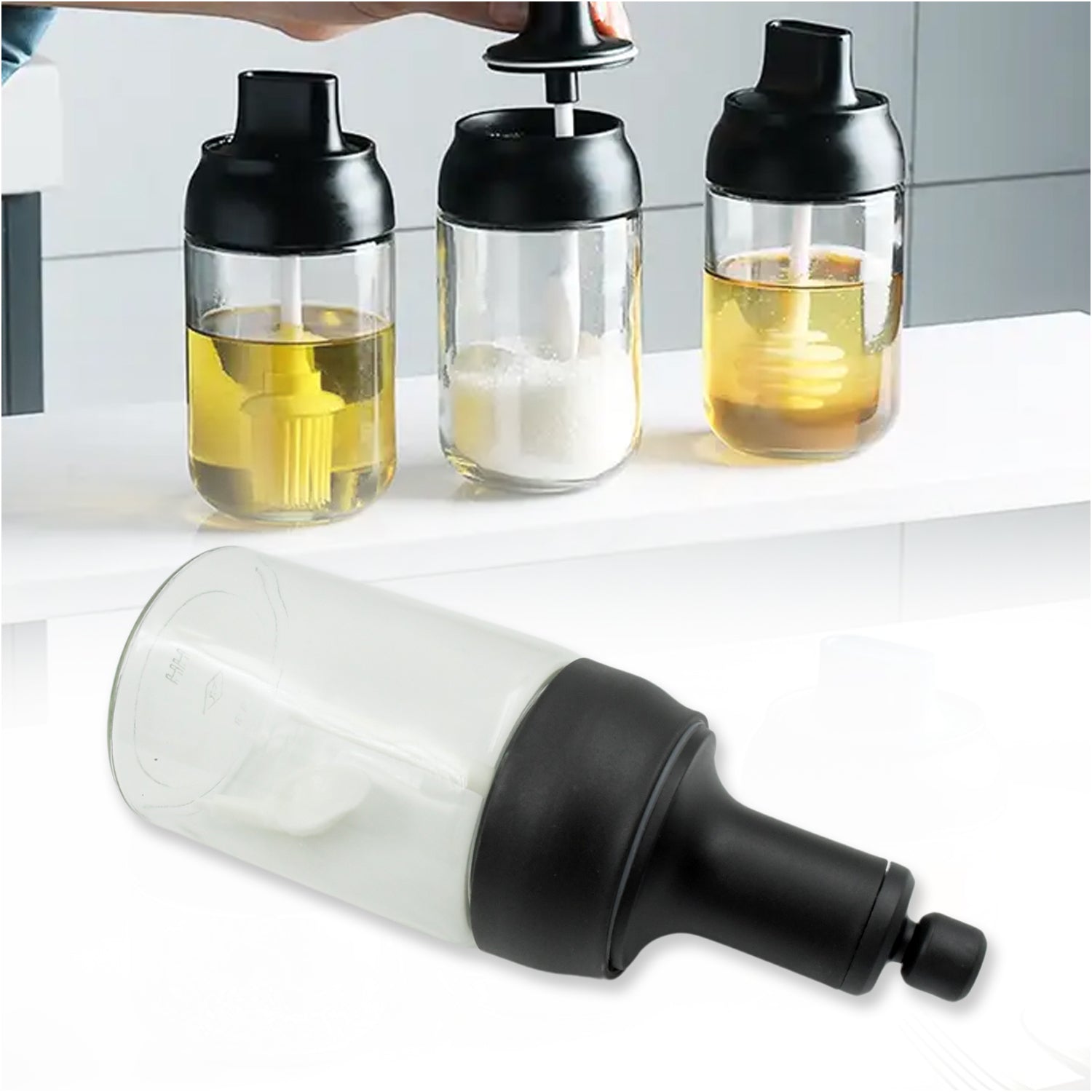 Heat-resistant Condiment Container Seasoning Box Glass Condiment Canisters Pots Bottle With Serving Spoons For Salt Spice Honey Sugar Bbq Resturant Jar Oil Bottle Honey Jar Dispenser Airtight Cap Transparent (1 Pc)